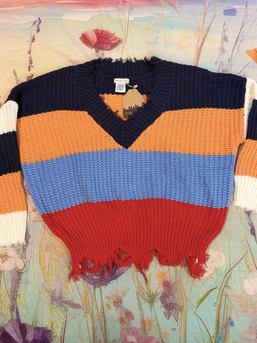🧡💙 Main Strip Color Block Distressed Sweater | Size M | Boho Chunky Knit | NWT